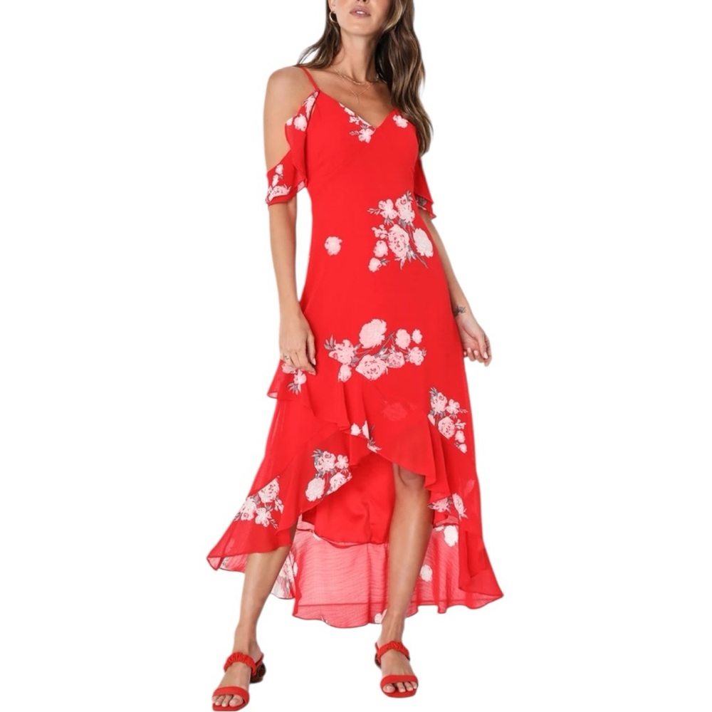 Lulu’s Love in Bloom Red Floral Print Off-the-Shoulder High-Low Dress size Large